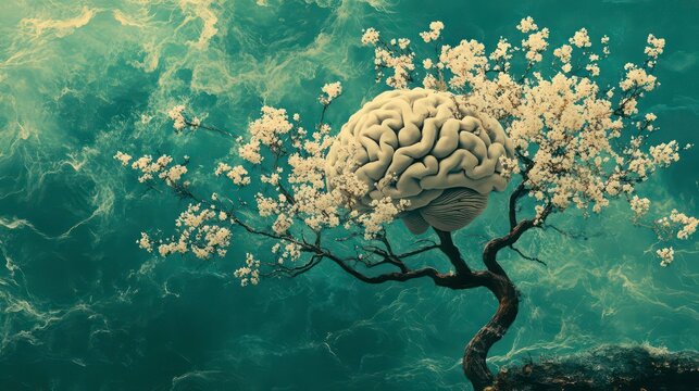 A human brain shaped like a blossoming tree against a swirling, teal background.