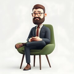 3D illustration of a bearded man wearing glasses and casual clothing, sitting on a blue bean bag and using a smartphone, with a solid orange background. Ideal for themes of relaxation, technology, and