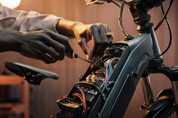 Black person repairing an e-bike. Close-up of a mechanic handling modern electric bicycle technology.