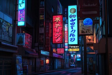 Vibrant Tokyo street at night illuminated by neon lights and signs, showcasing a futuristic cityscape in hyper-realistic photography that captures the energy and vibrancy of urban life.