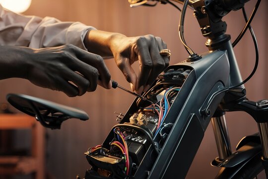 Black person repairing an e-bike. Close-up of a mechanic handling modern electric bicycle technology.