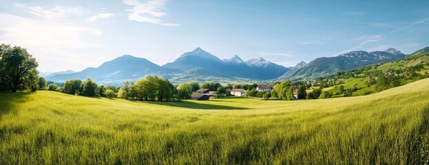Naklejka premium Panoramic view of a green meadow with mountains in the background, showcasing a sunny day with a blue sky and mountain range, featuring village houses on hillsides amidst trees and grass, captured in