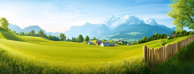Obraz premium Panoramic view of a green meadow with mountains in the background, showcasing a sunny day with a blue sky and mountain range, featuring village houses on hillsides amidst trees and grass, captured in