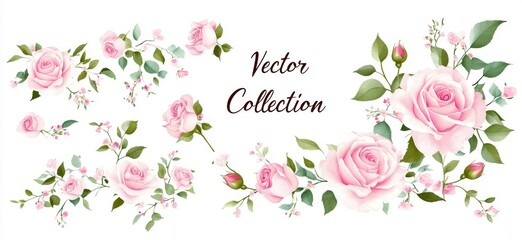 Fototapeta premium Vector floral elements featuring pink roses and green leaves on a white background, showcasing a romantic design with pastel colors and watercolor illustration, ideal for clip art.