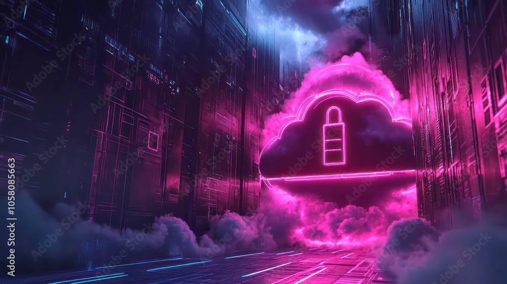Poster a glowing neon cloud with a padlock symbol in a futuristic city with a blue and pink color scheme, r