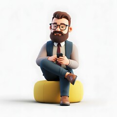 3D illustration of a bearded man wearing glasses and casual clothing, sitting on a blue bean bag and using a smartphone, with a solid orange background. Ideal for themes of relaxation, technology, and
