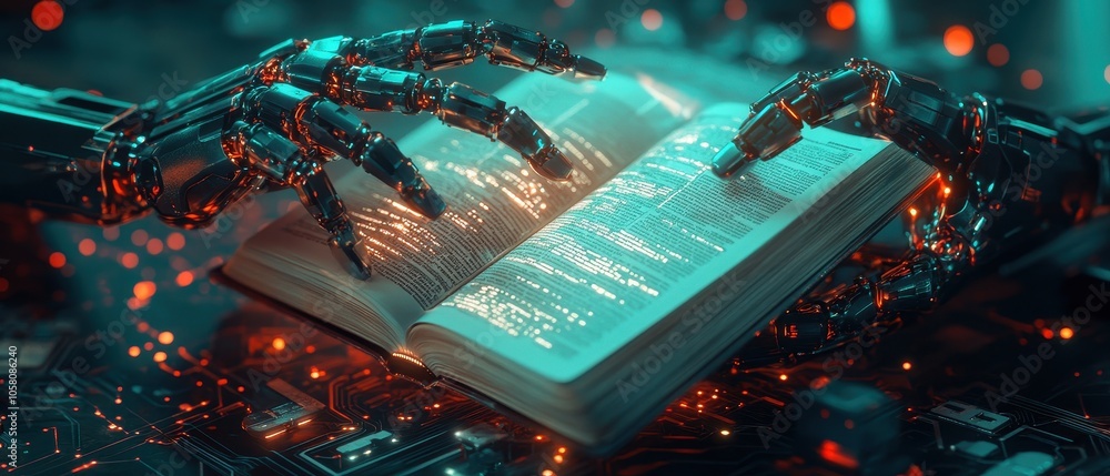 Aufkleber futuristic robot hands holding open book on circuit board background with neon lights.