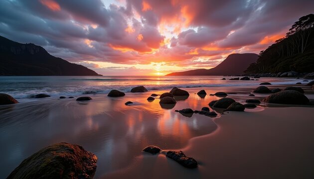  Sunsets golden glow on the rocky shore