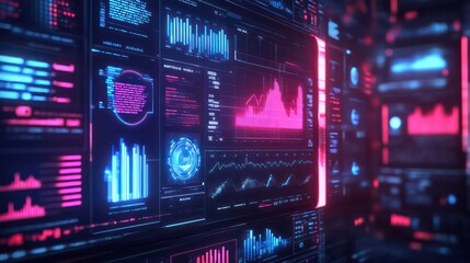Futuristic digital interface with glowing data visualizations on a screen.