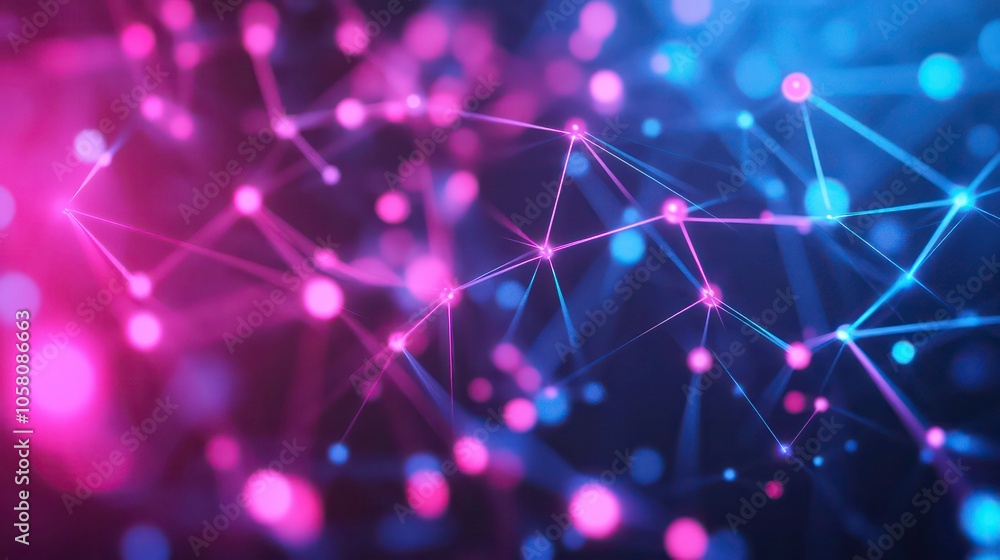 Poster abstract digital network connection with pink and blue glowing dots and lines.