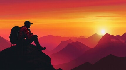 Silhouette of a Hiker Contemplating the Sunset Over Majestic Mountain Ranges.