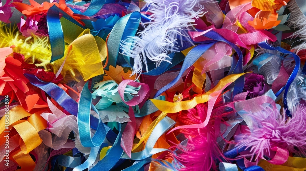 Poster a pile of colorful ribbons feathers and other decorative elements used for creating extravagant cost