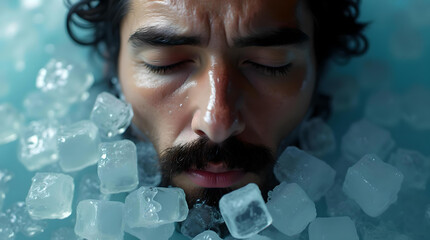 athletic man submerged in ice water, taking a cold plunge to help muscle recovery Ice bath recovery meditation concentrate 