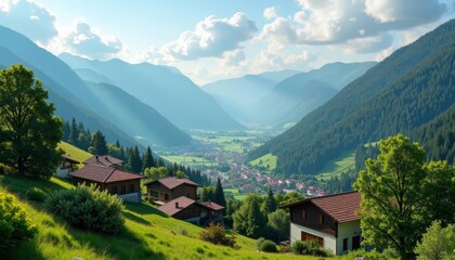 Obraz premium Enchanting Alpine Village Amidst Majestic Mountains