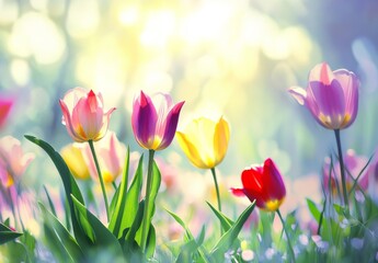 Obraz premium Sunlit meadow of vibrant tulips with blurred background, showcasing joyful spring colors and natural beauty