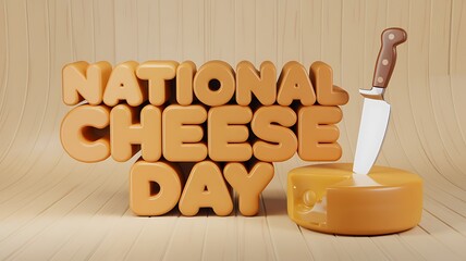 3D Render of National Cheese Day with Cheese Wheel and Knife
