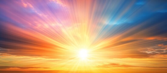 Breathtaking sunset sky with radiant, colorful clouds symbolizing hope and positivity, casting warm hues and a serene atmosphere across the horizon with vibrant light beams and cinematic color grading