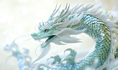 A jade-green Chinese dragon on a bright white background with minimalist clouds