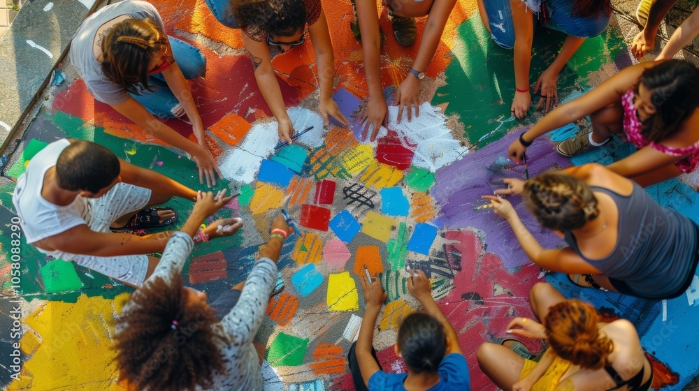 Poster an overhead shot of a group of young artists intently working on a collaborative mural each contribu