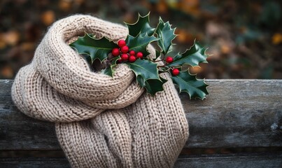 A soft beige knitted scarf lying on a wooden bench, with a small holly branch resting atop it