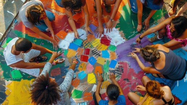 An overhead shot of a group of young artists intently working on a collaborative mural each contributing their own personal touch.