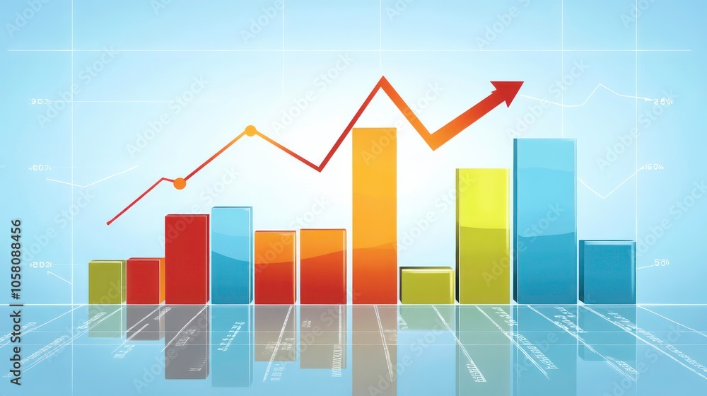 Poster a 3d bar graph showing an upward trend with a red arrow pointing to the top, reflecting growth and s