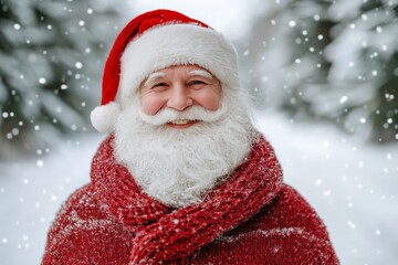 Santa Claus wrapped in a warm red scarf standing outdoors in a snowy winter landscape capturing holiday warmth traditional Christmas charm and cozy festive spirit