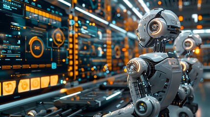 Fototapeta premium A futuristic robot interacts with glowing data panels in a high-tech environment, showcasing advanced technology and artificial intelligence.