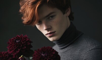 Closeup portrait of a young man with deep auburn hair, holding maroon dahlias