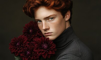 Closeup portrait of a young man with deep auburn hair, holding maroon dahlias