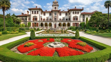 Obraz premium Elegant Villa Surrounded by Colorful Gardens