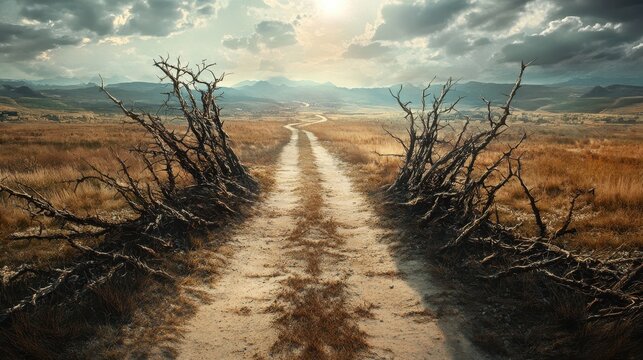 Dusty Path Through Dead Trees Leading to Mountain Range Under a Dramatic Sky - Landscape Photography.