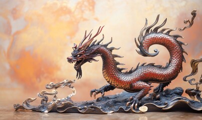 Obraz premium Bronze and crimson Chinese dragon set against a sandy beige background with subtle gold clouds