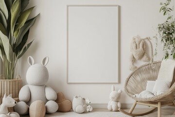 Minimalist Nursery Room Interior Design with a Large White Frame Mockup, Plush Toys, Wicker Rocking Chair, and Natural Decor