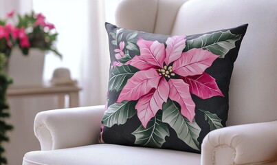 Charcoal gray pillow with pink and soft lavender poinsettia print