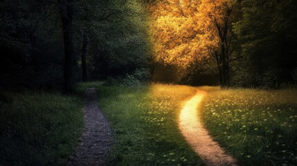Two Paths Diverging in a Magical Forest, One Lit by Golden Light, Nature Photography.