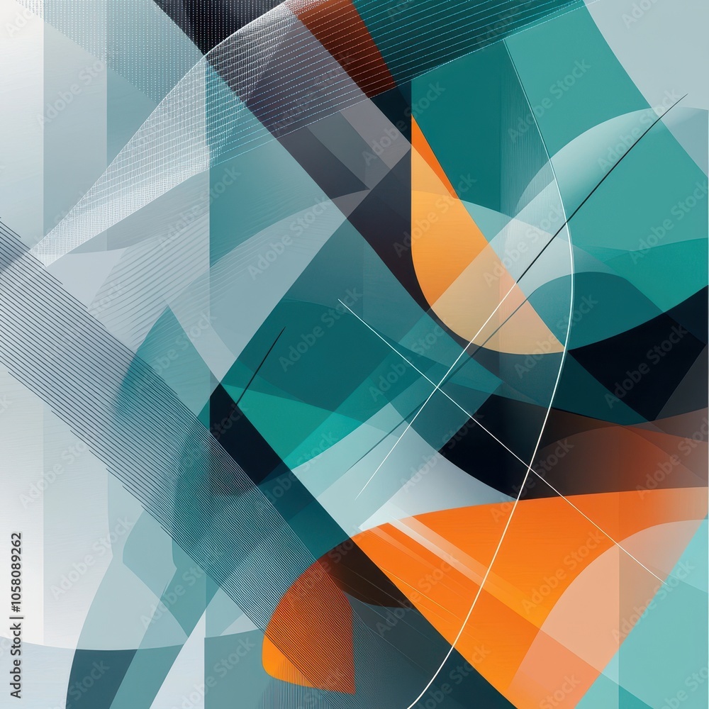 Poster abstract geometric shapes in teal, orange, and gray with overlapping lines and curved forms.