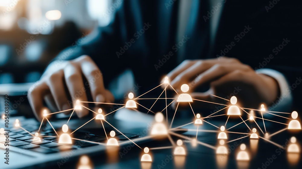 Poster close-up of businessman's hands using laptop with network connection icons hovering above.