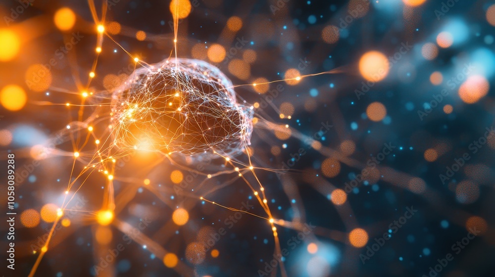 Poster abstract network of connected lights with bokeh background.