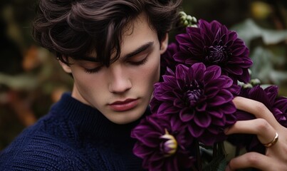 Naklejka premium Closeup portrait of a young man with dark purple hair, wearing a navy sweater, holding purple dahlias