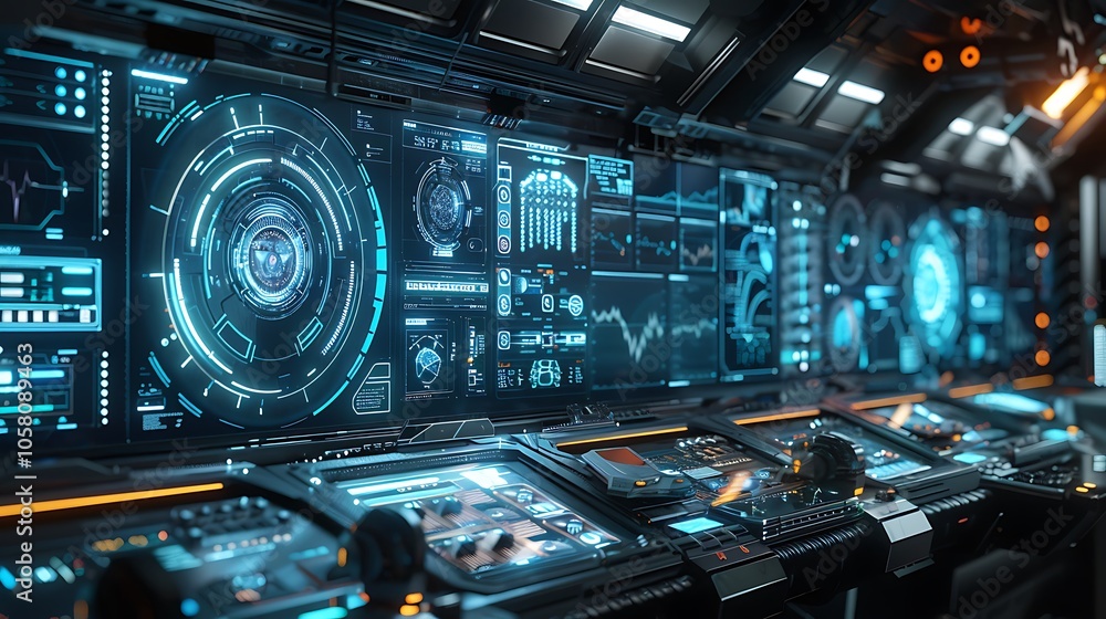 Poster a futuristic control room with glowing blue interfaces and advanced technology, showcasing a sleek a