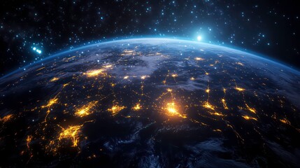 Obraz premium A stunning view of Earth from space with city lights glowing brightly against the dark backdrop of space and a star-studded night sky.