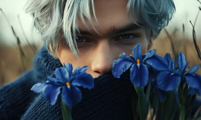 Closeup portrait of a young man with silver-blue hair, holding blue irises © TheoTheWizard
