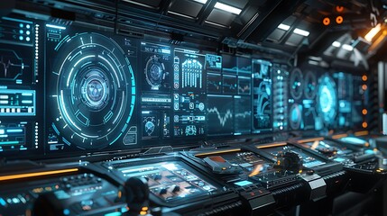 Obraz premium A futuristic control room with glowing blue interfaces and advanced technology, showcasing a sleek and high-tech environment.