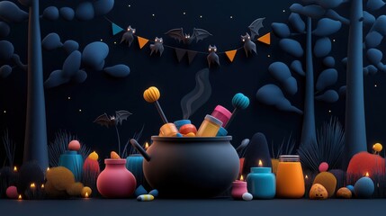 Whimsical Halloween scene with a cauldron, colorful potion bottles, bats, candles, and trees in a dark, enchanted forest setting.