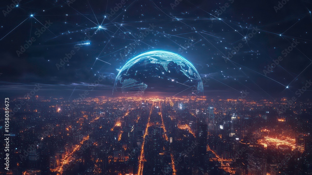 Poster a futuristic cityscape with a glowing earth and connected lines representing a global network, symbo