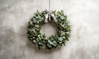 Christmas wreath made of eucalyptus and white holly berries, with a thin silver ribbon bow at the top