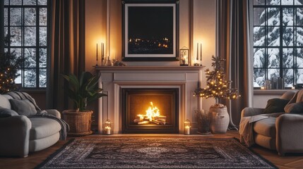 Cozy Living Room with Fireplace, Christmas Tree, and Snowy Winter View.