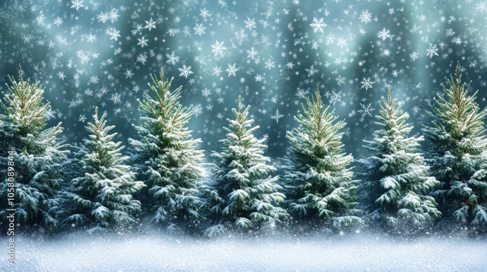 Poster a row of snow-covered evergreen trees against a snowy and blurry background with falling snowflakes.