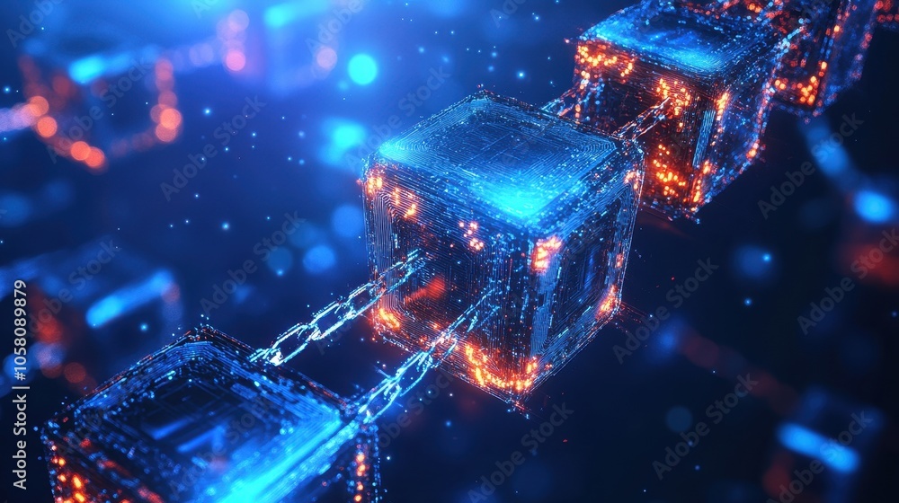 Aufkleber abstract blockchain technology concept - glowing cubes connected with chain in blue and orange light